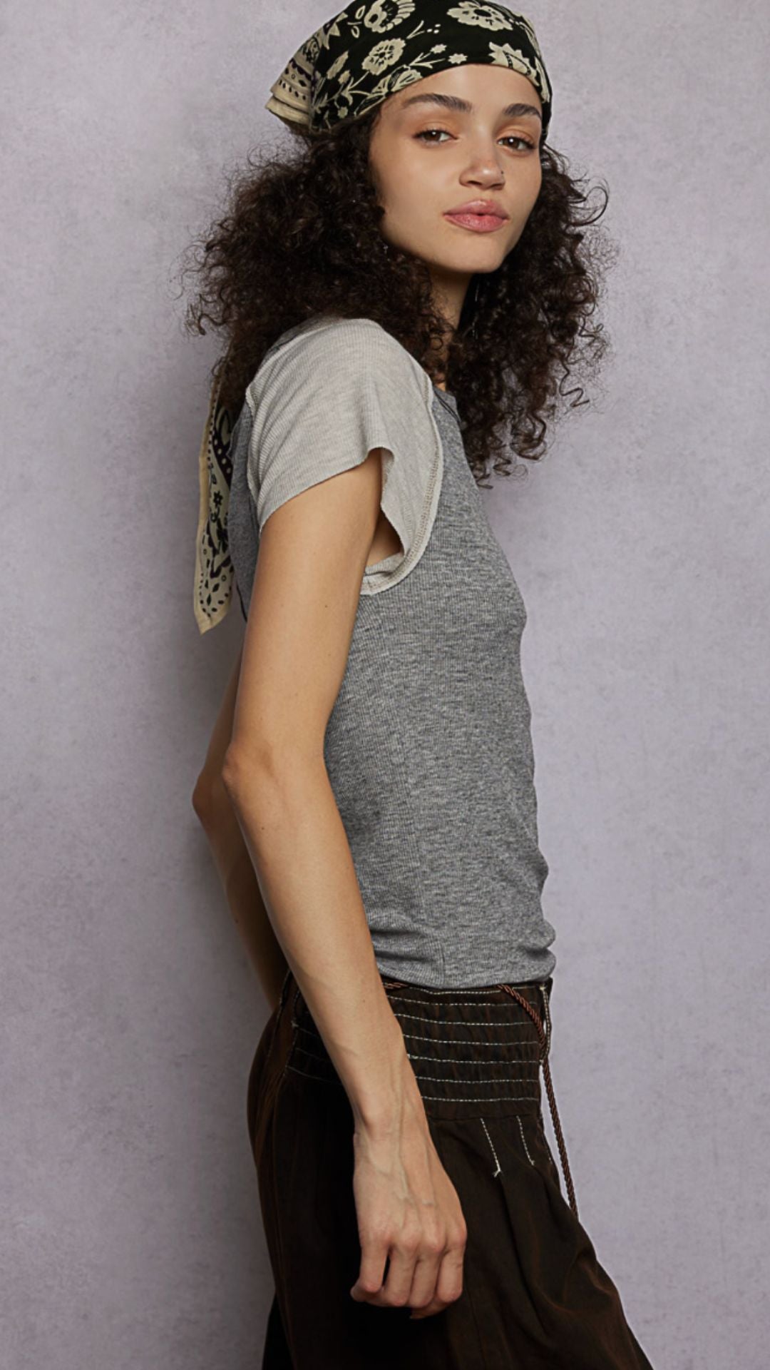 Charcoal And Gray Contrast Knit Tee