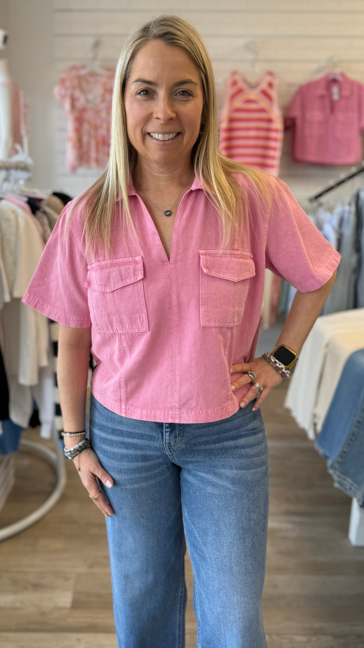Pink Lapel Collar Denim Top