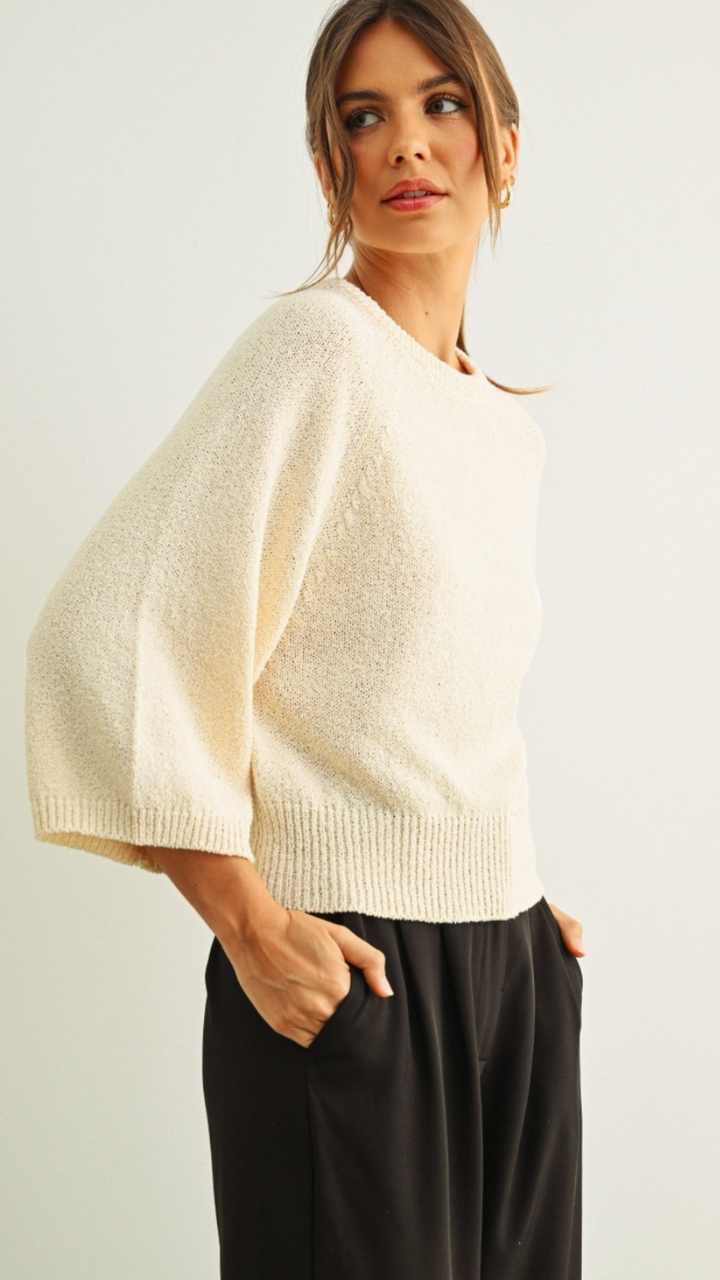 Cream Round Neck Quarter Sleeve Knitted Top