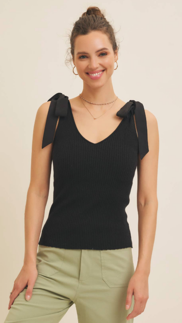 Mixed Media Shoulder Tie Rib Sweater Tank