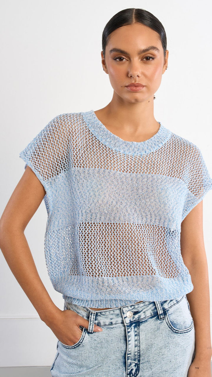 Blue Open Knit Short Sleeve Lurex Top