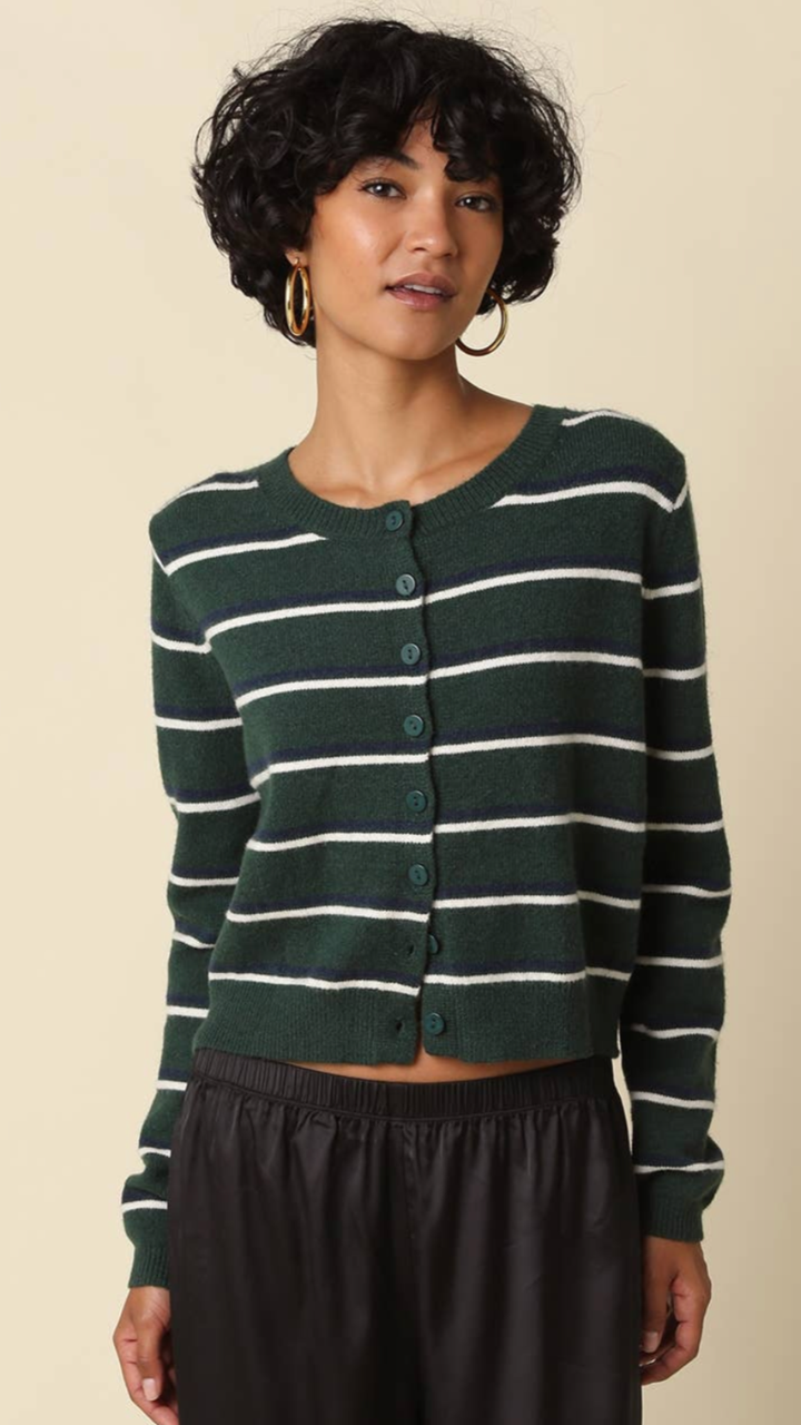 Green Blue And Cream Stripe Knit Cardigan Sweater