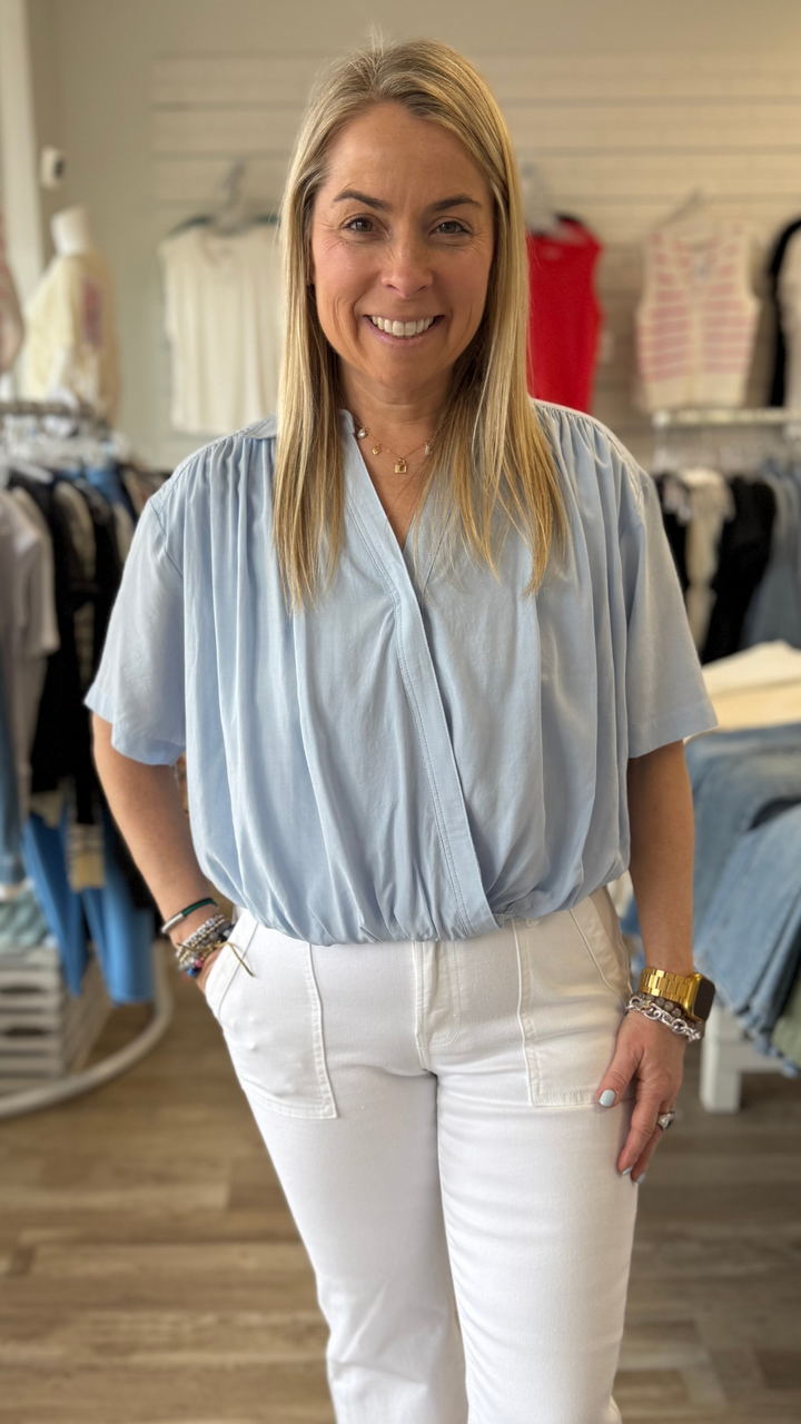 Light Blue Surplice Blouse With Bubble Hem