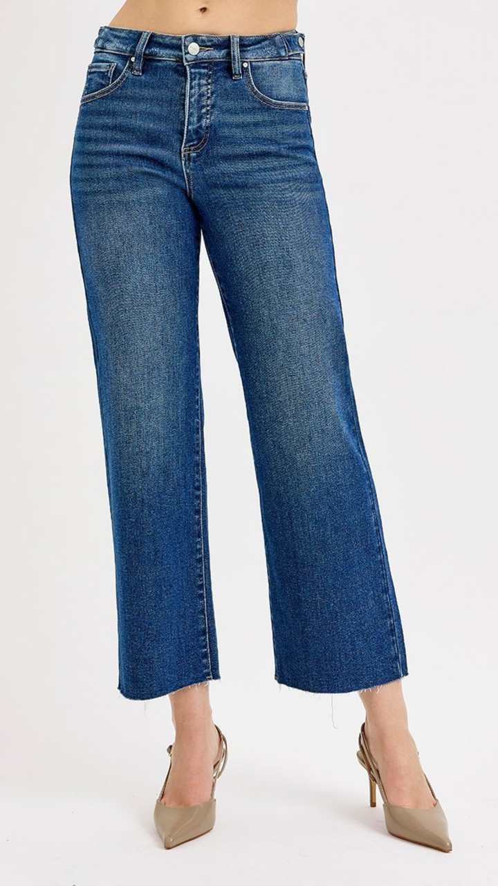 Mid Rise Tummy Control Dark Wash Crop Wide Adjustable Waistband Jeans