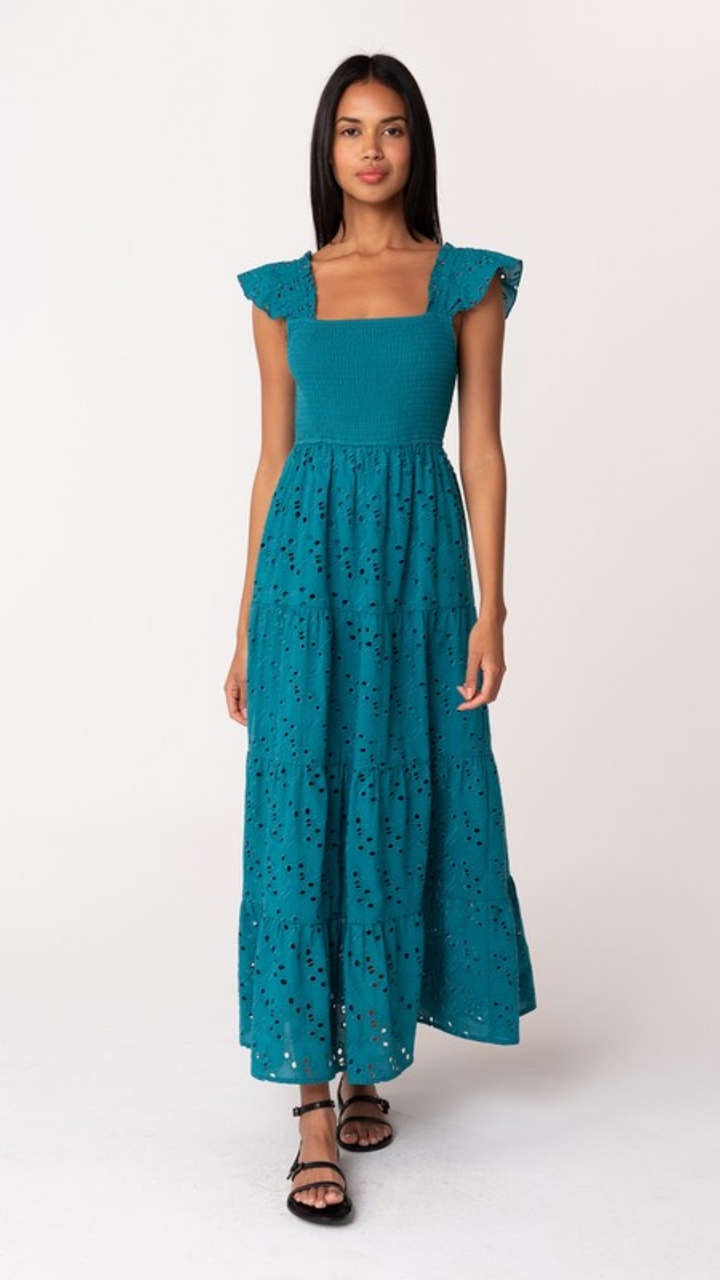 Embroidered Eyelet Smocked Tiered Maxi Dress
