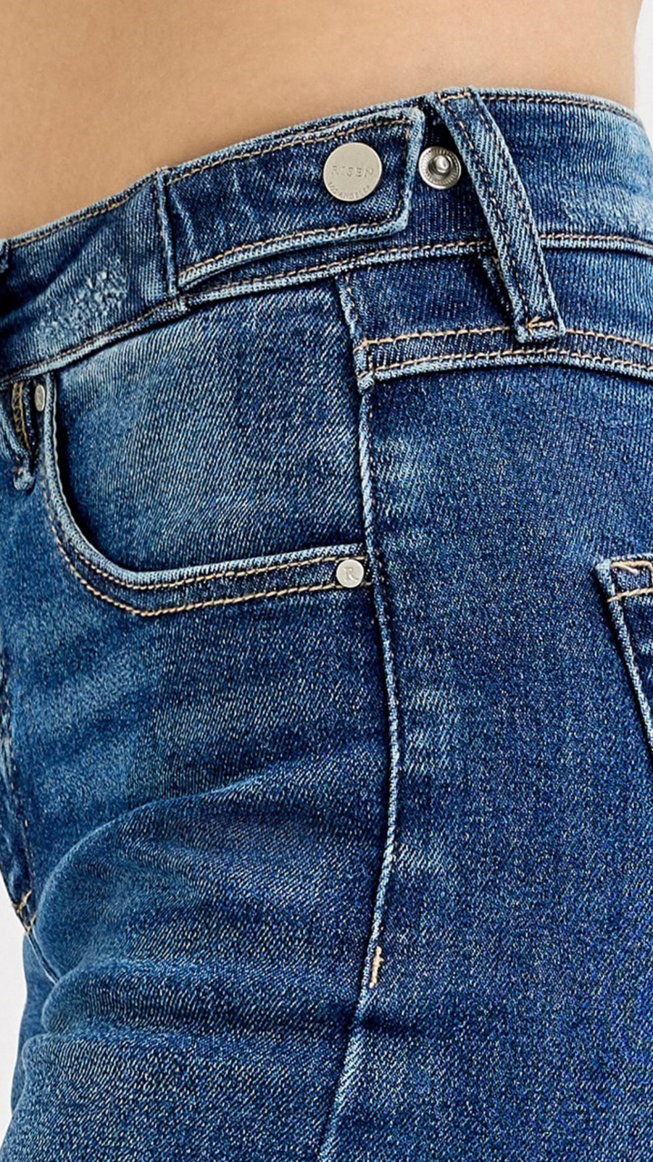 Mid Rise Tummy Control Dark Wash Crop Wide Adjustable Waistband Jeans