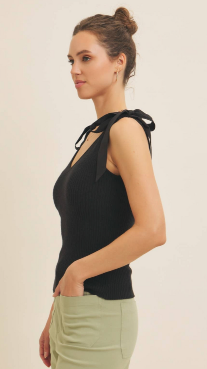 Mixed Media Shoulder Tie Rib Sweater Tank