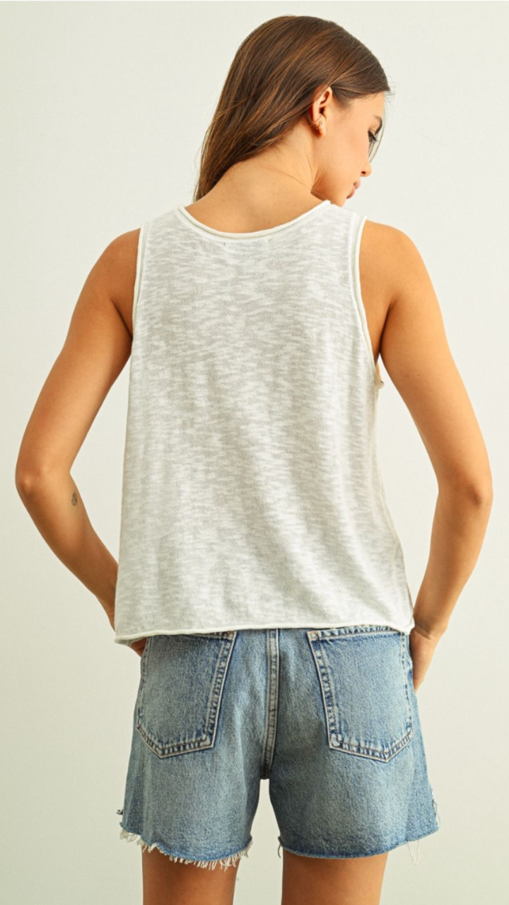 White Sleeveless Slub Knitted Top With Rolled Hem Detail