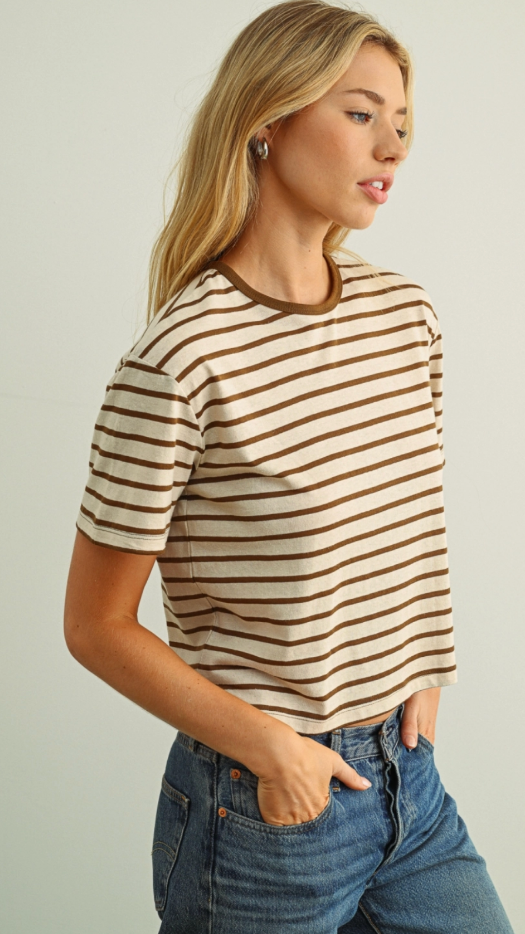 Brown Essential Stripe Ringer Tee