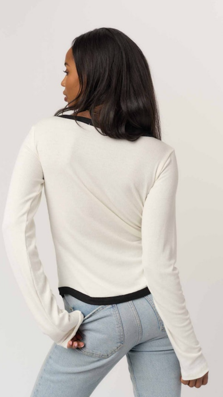 Ivory Black Contrast Scoop Neck Rib Long Sleeve