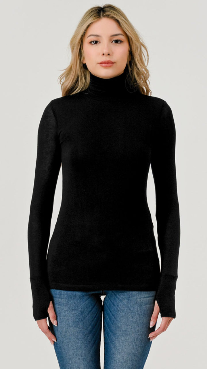 Black Double Layered Hacci Turtleneck Long Sleeve With Thumbholes