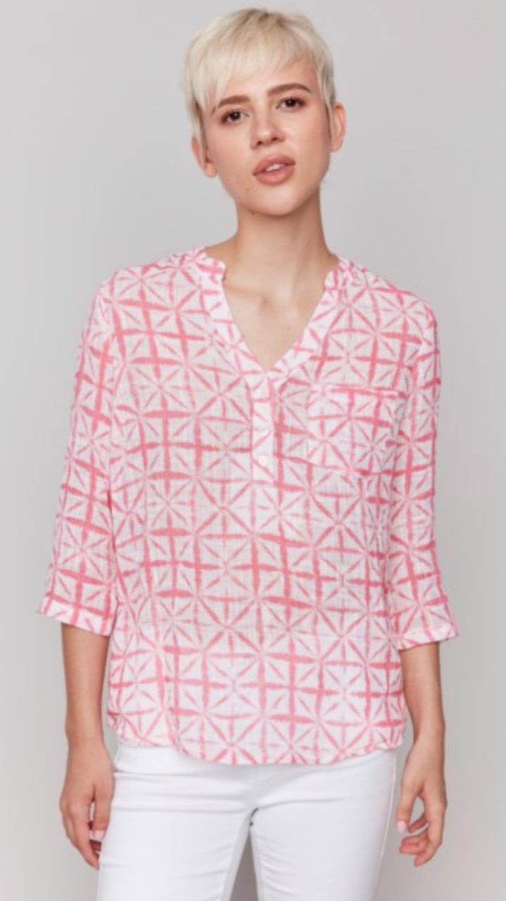Pink Printed Roll Up Sleeve Cotton Gauze Blouse