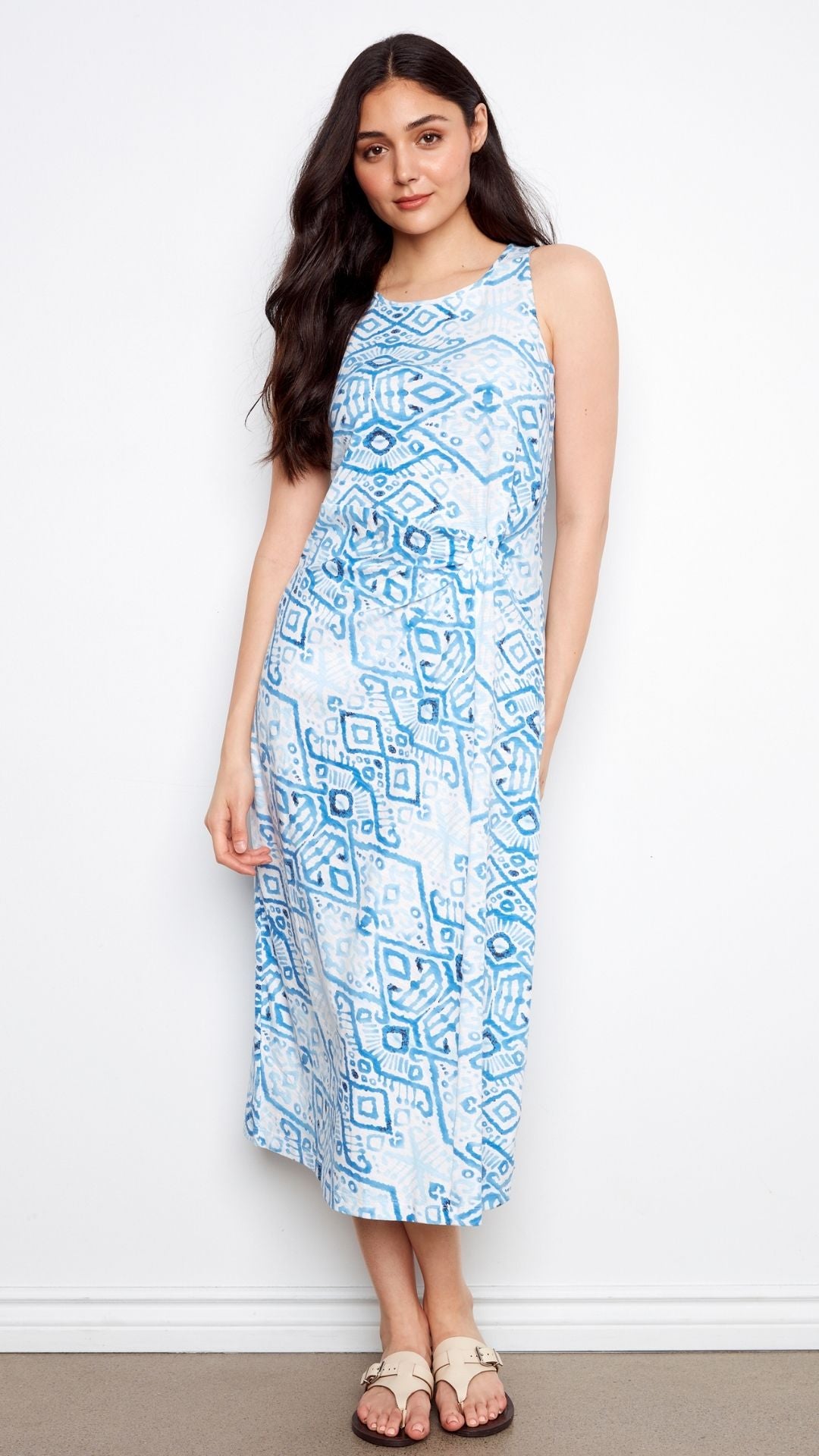 Patterned Cotton Slub Faux Knot Midi Dress