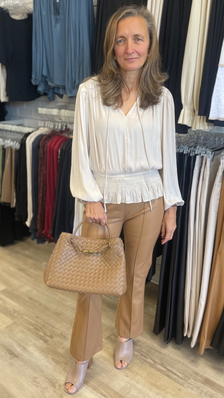 Camel Faux Leather Pintucked Front Flare Pants