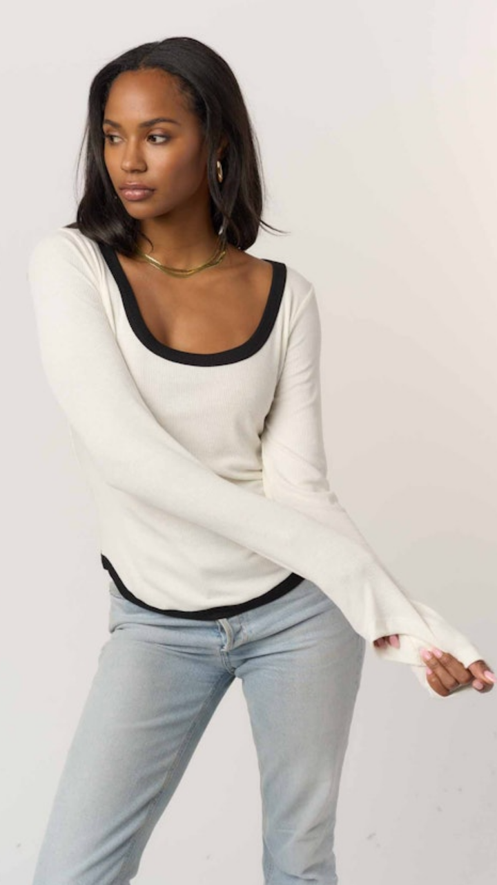 Ivory Black Contrast Scoop Neck Rib Long Sleeve