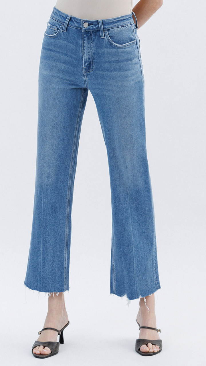High Rise Medium Wash Raw Hem Slim Wide Jeans