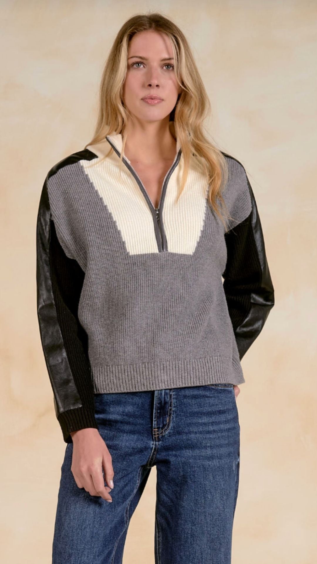 Grey Colorblock Sweater With Faux Leather Sleeves