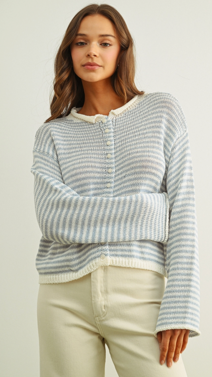 Sky Blue And White Button Front Knit Cardigan