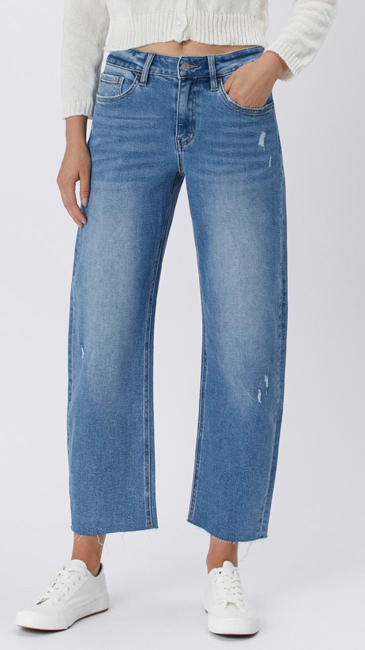 High Rise Medium Wash Slim Barrel Jeans