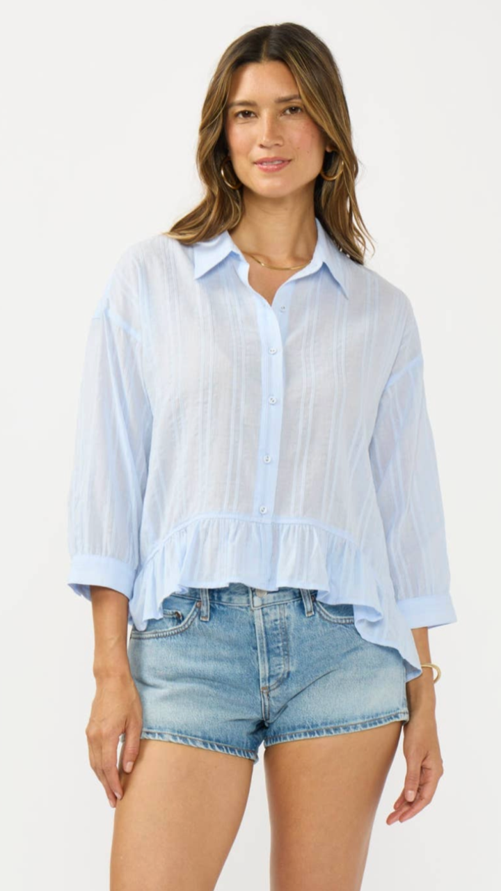 Ruffle Sleeve Embroidered Pintuck Button Down Top