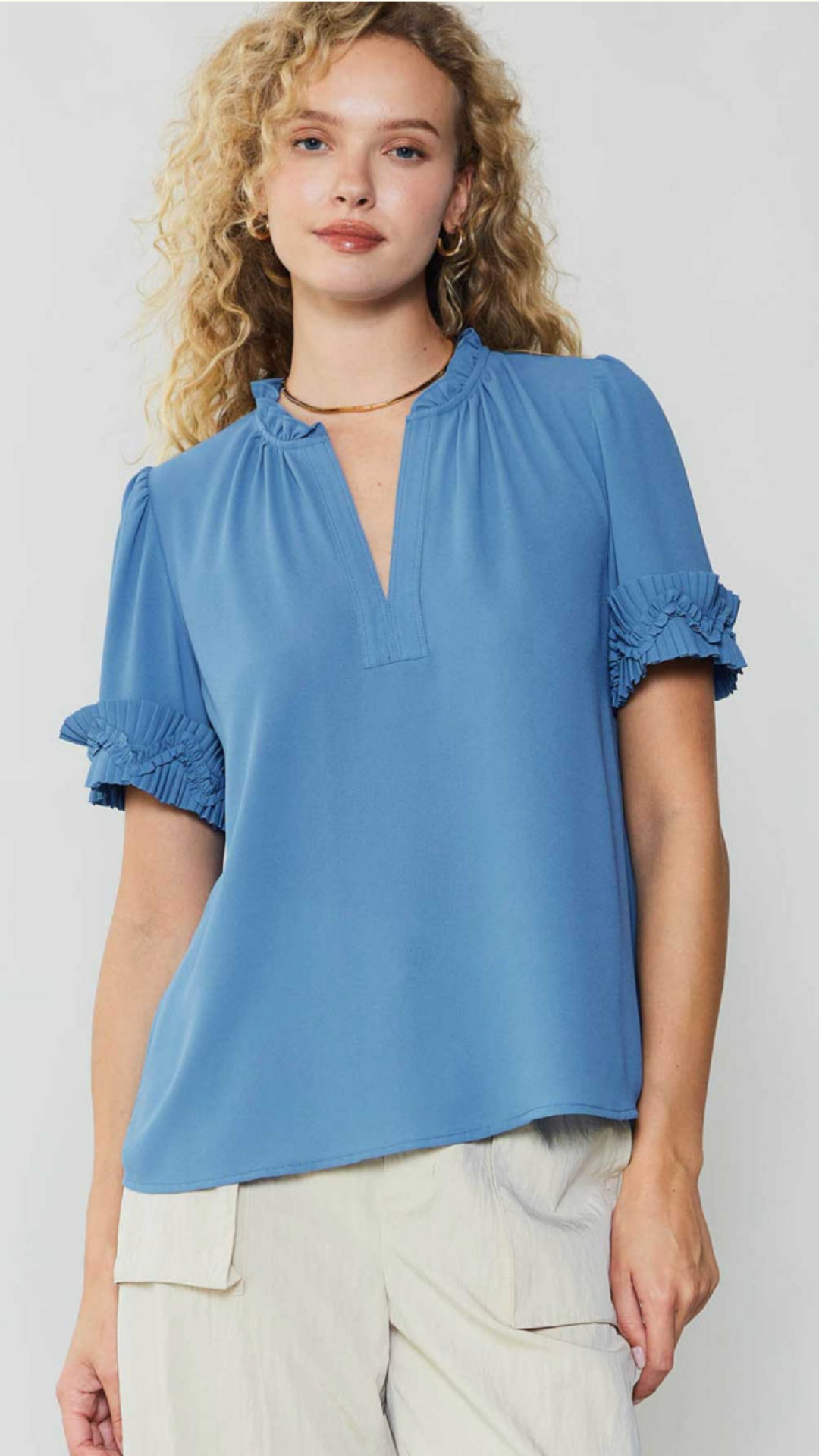 Split Neck Blouse With Ruffle Detail