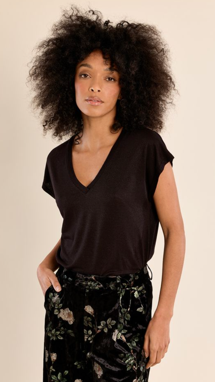 Black Shiny V Neck Tee