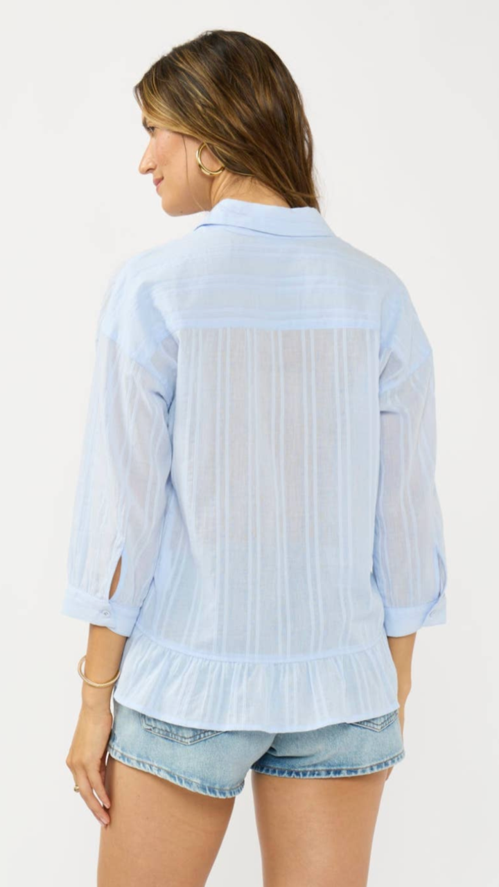 Ruffle Sleeve Embroidered Pintuck Button Down Top