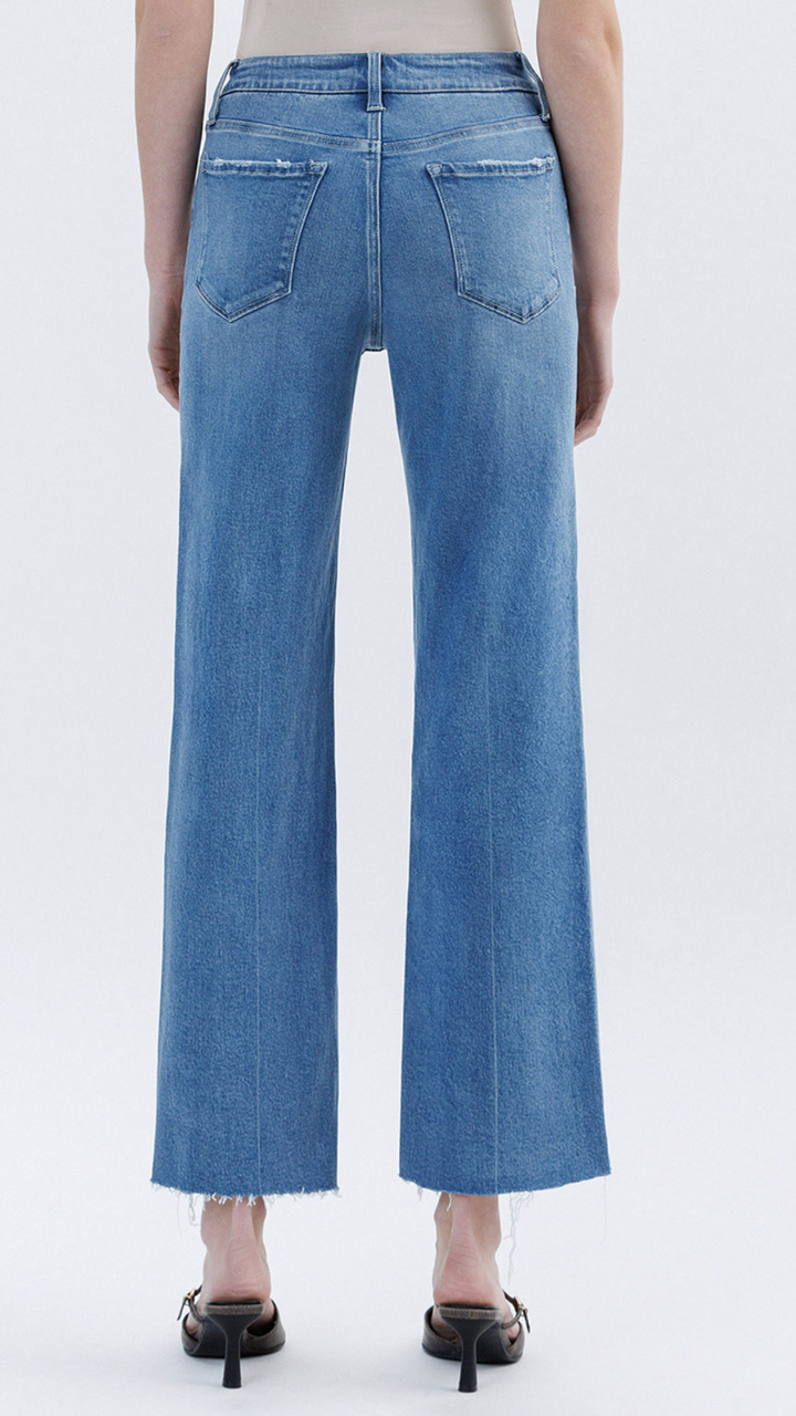 High Rise Medium Wash Raw Hem Slim Wide Jeans