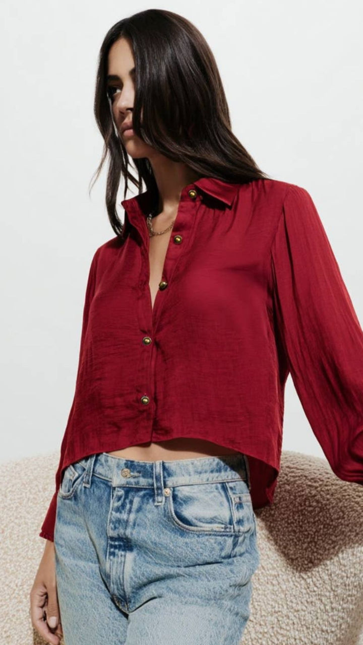 Crimson Red Blanket Stitch Cuff Button Up Cropped Blouse