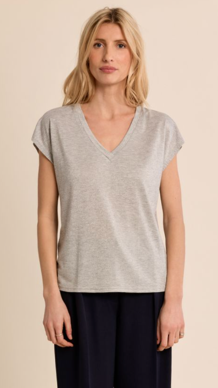 Silver Shiny V Neck Tee