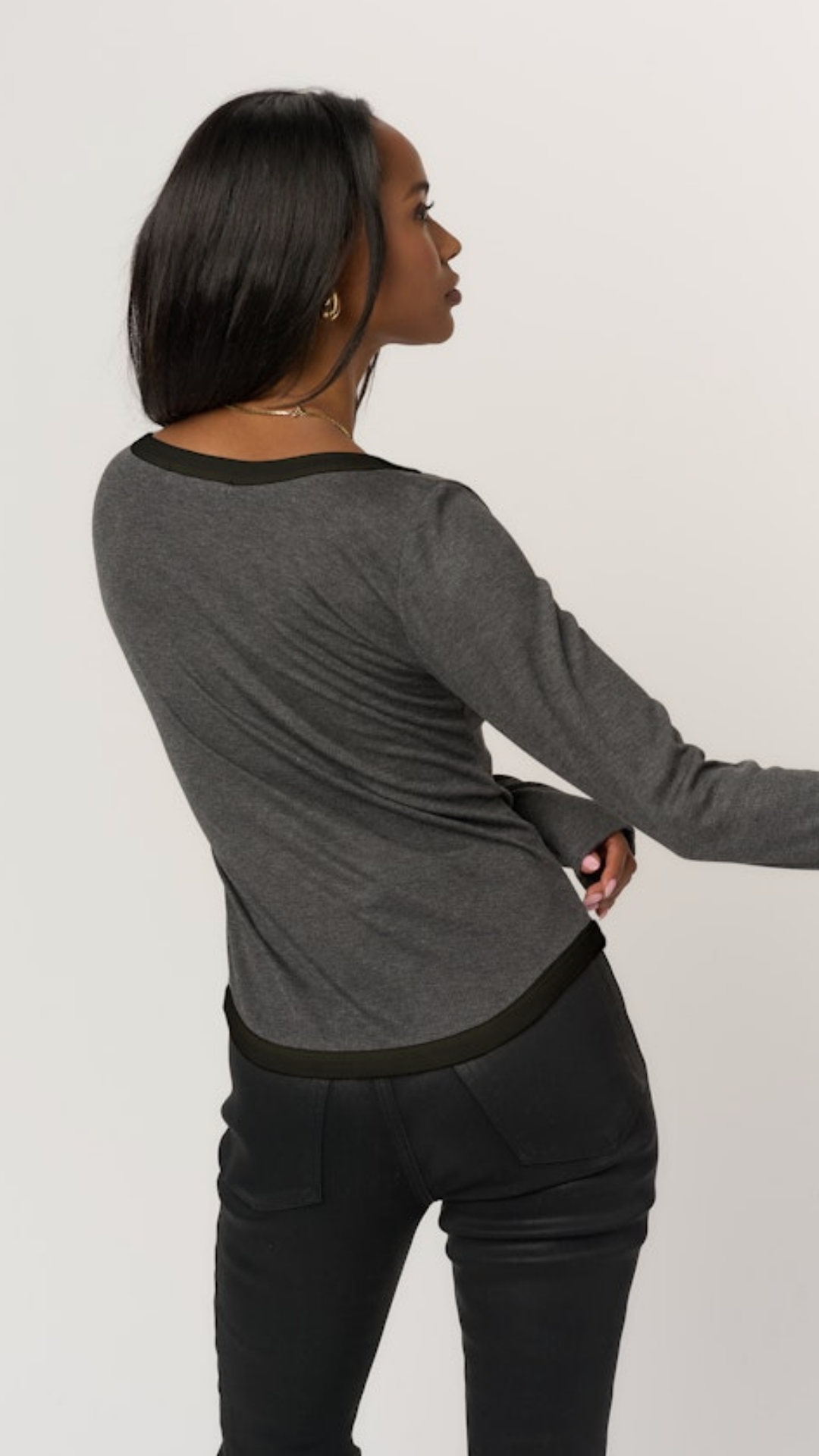 Charcoal Black Contrast Scoop Neck Rib Long Sleeve