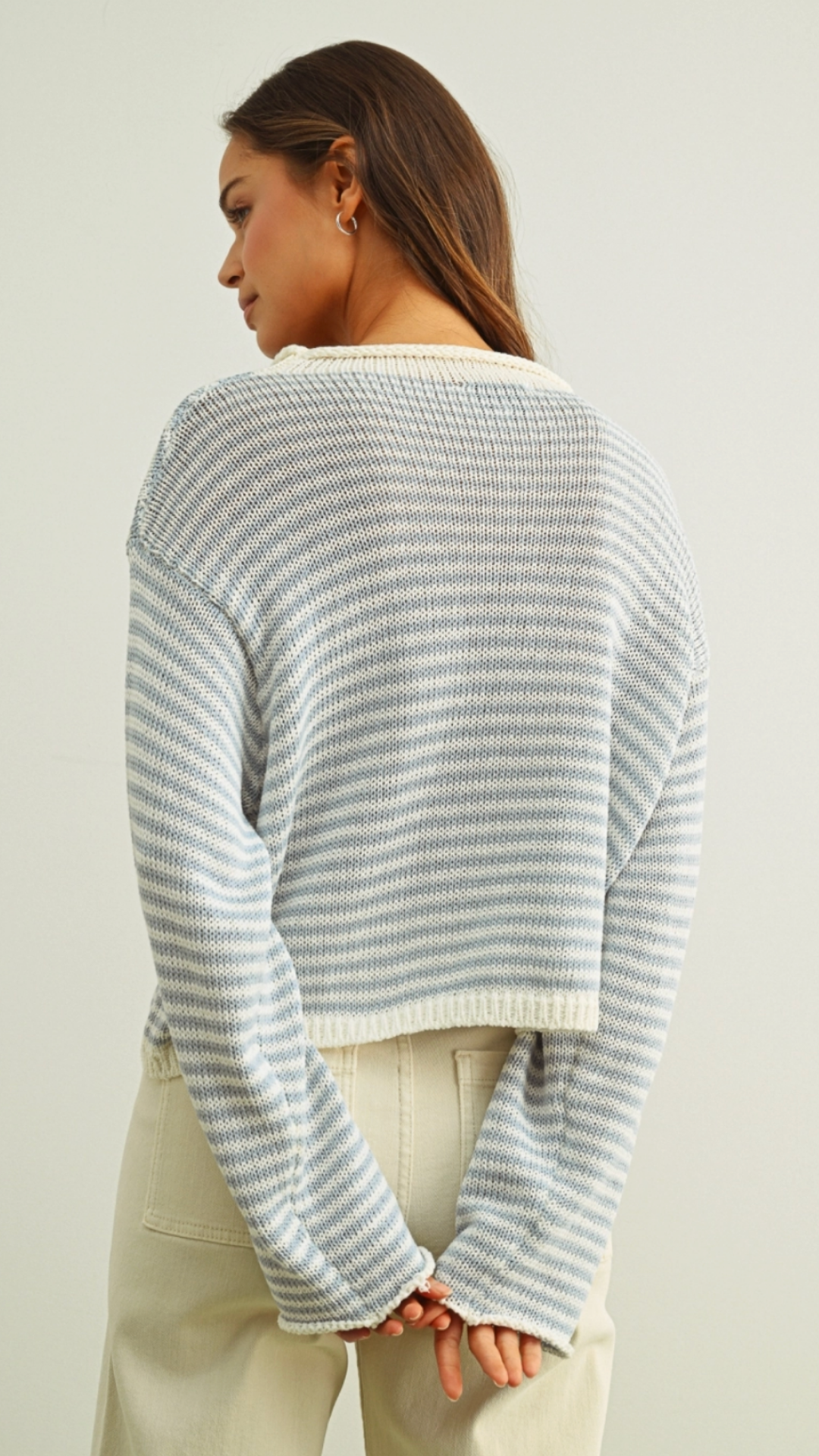 Sky Blue And White Button Front Knit Cardigan