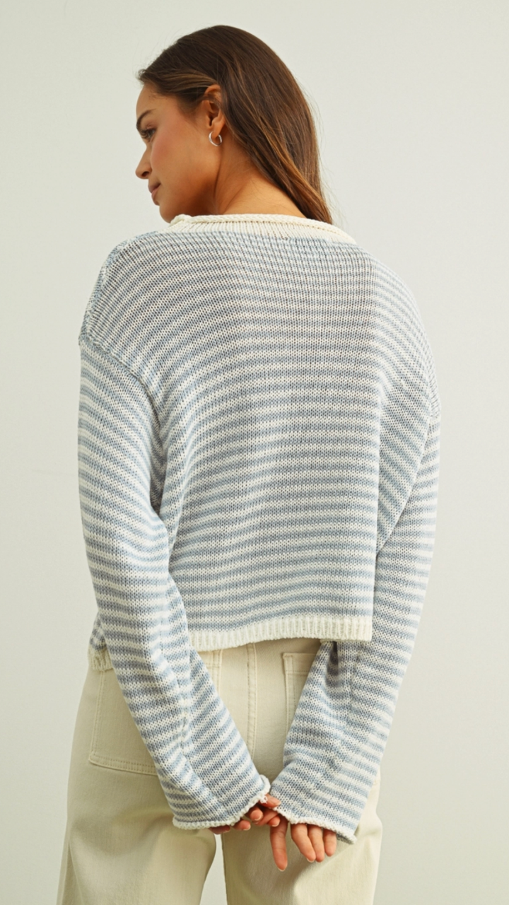 Sky Blue And White Button Front Knit Cardigan