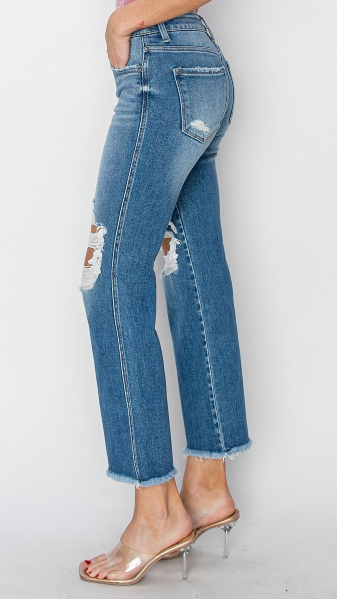 Mid Rise Knee Hole Distressed Ankle Flare Jeans