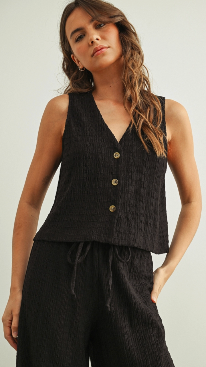 Black Crinkled Fabric Sleeveless Button Front Top And Bottoms Set