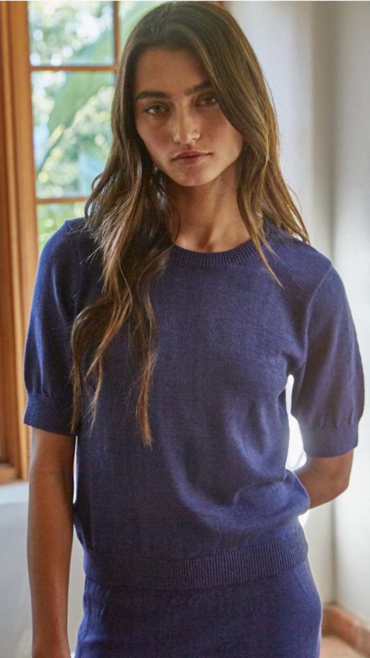 Navy Knit Short Sleeve Sweater