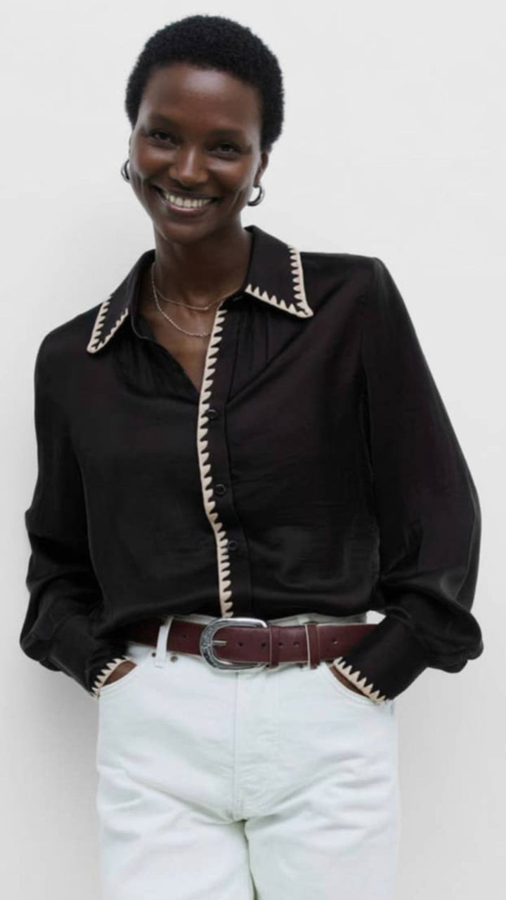 Black Blanket Stitch Silky Button Up Blouse