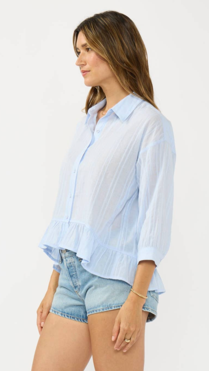 Ruffle Sleeve Embroidered Pintuck Button Down Top