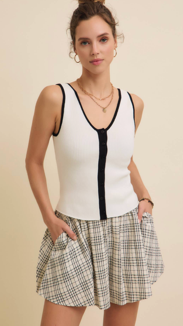 Cream Rib Sweater Tank With Black Contrast