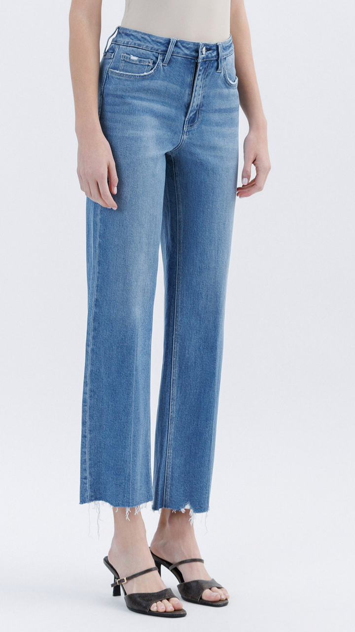 High Rise Medium Wash Raw Hem Slim Wide Jeans