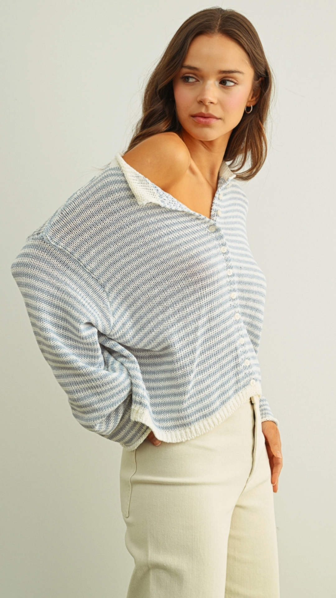Sky Blue And White Button Front Knit Cardigan