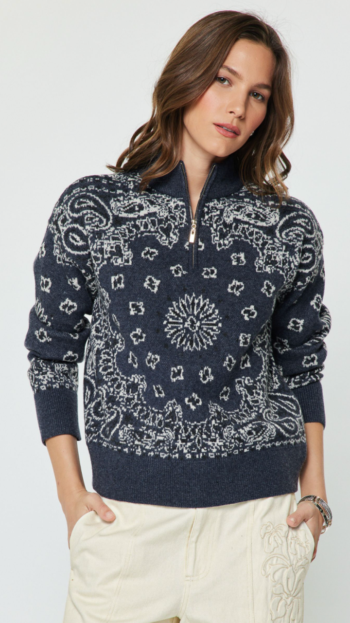 Paisley Jacquard Quarter Zip Sweater
