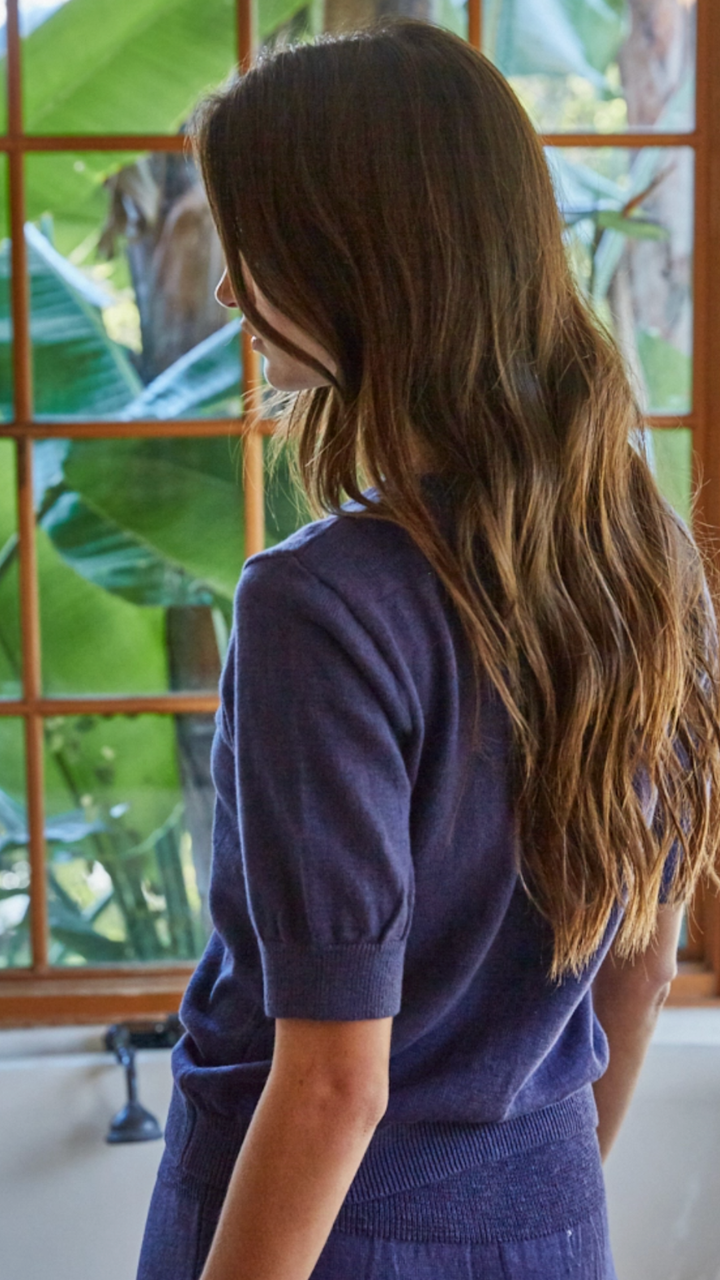 Navy Knit Short Sleeve Sweater