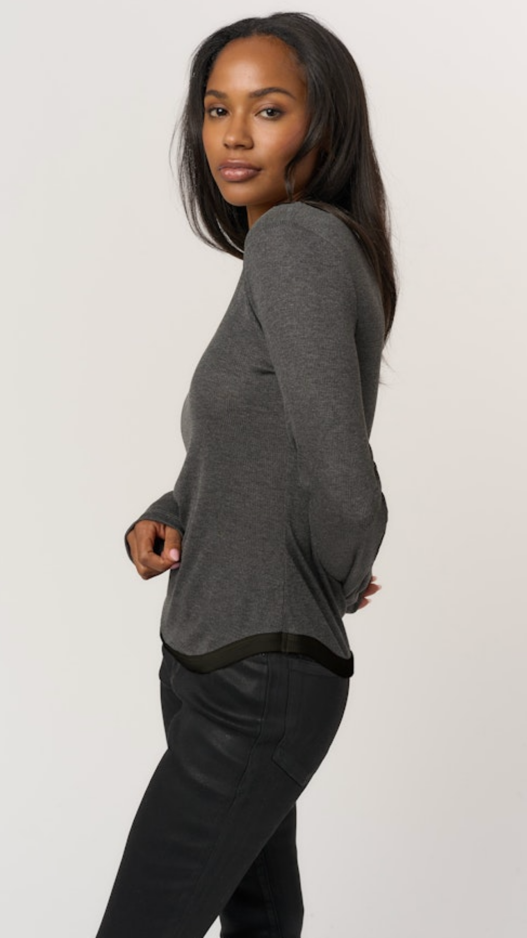 Charcoal Black Contrast Scoop Neck Rib Long Sleeve