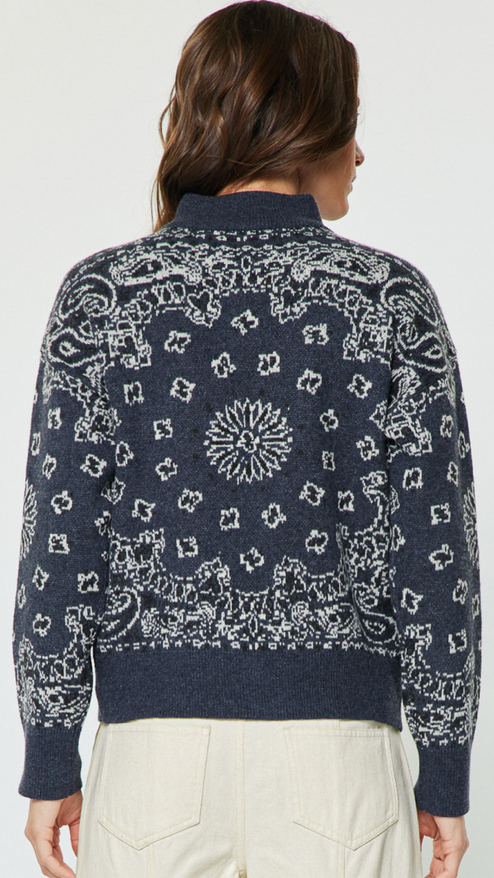 Paisley Jacquard Quarter Zip Sweater