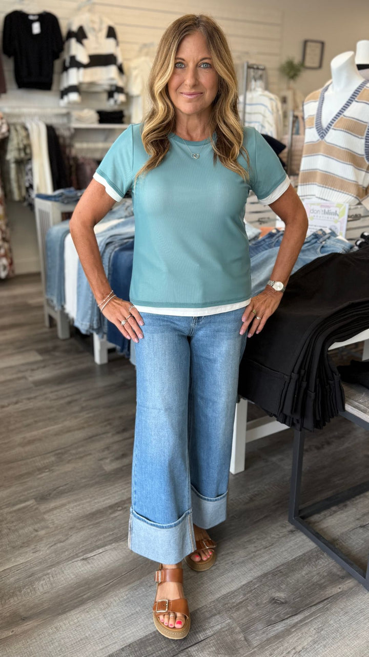 Mid Rise Medium Wash Petite Cuffed Slim Wide Jeans
