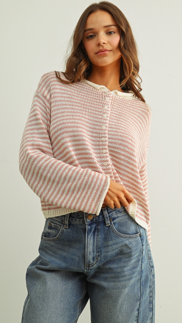 Rose And White Button Front Knit Cardigan