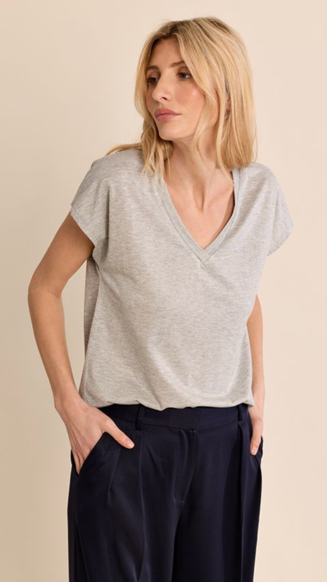 Silver Shiny V Neck Tee