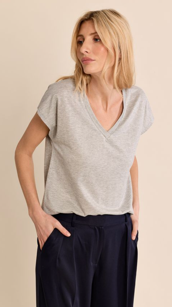 Silver Shiny V Neck Tee