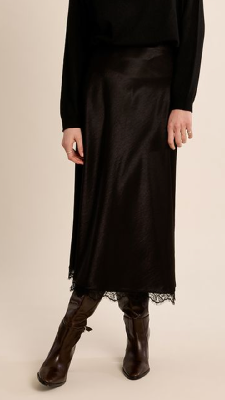 Black Silk Skirt With Lace Trim